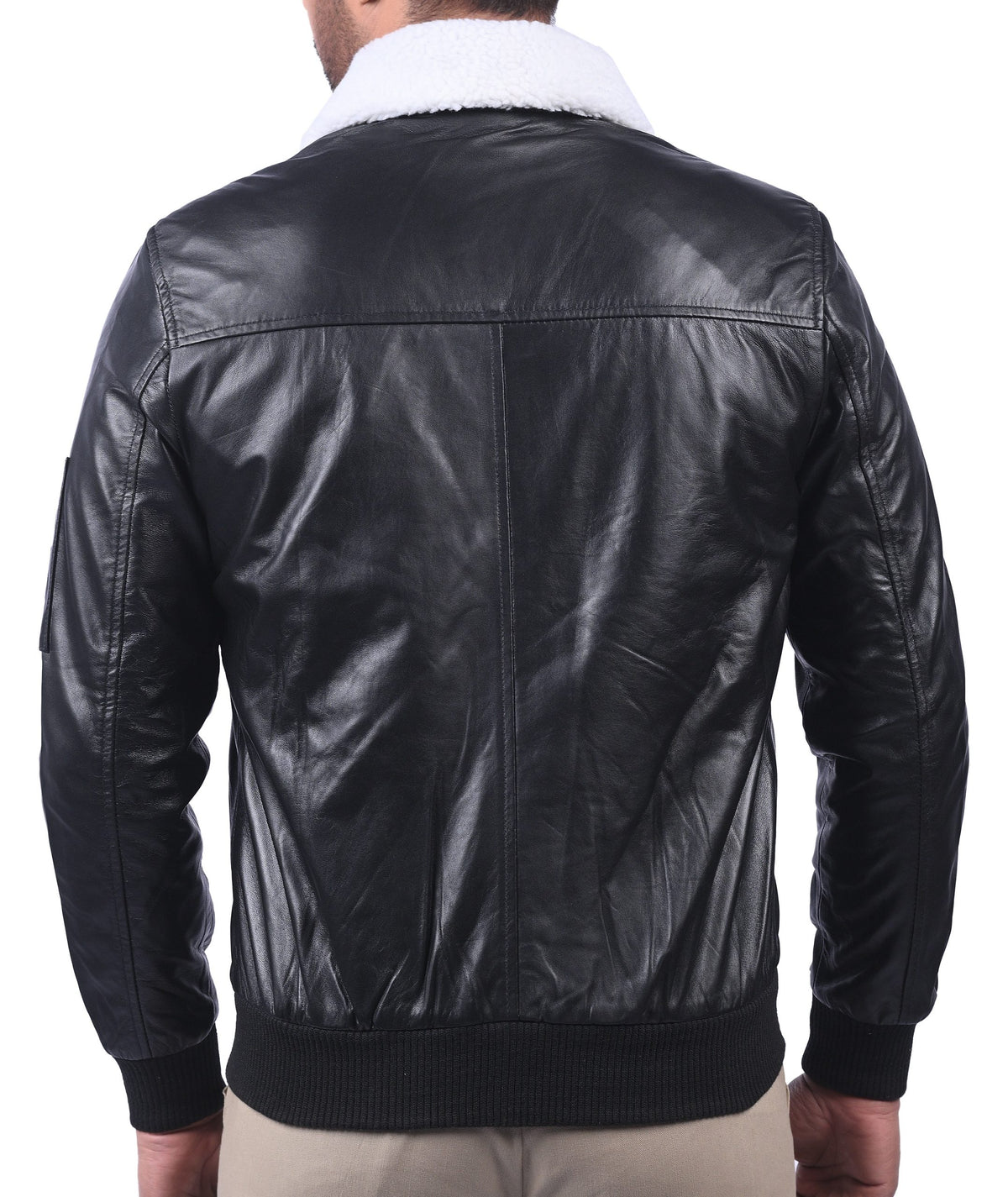 Men's black sheepskin bomber jacket with faux fur collar, photo 5