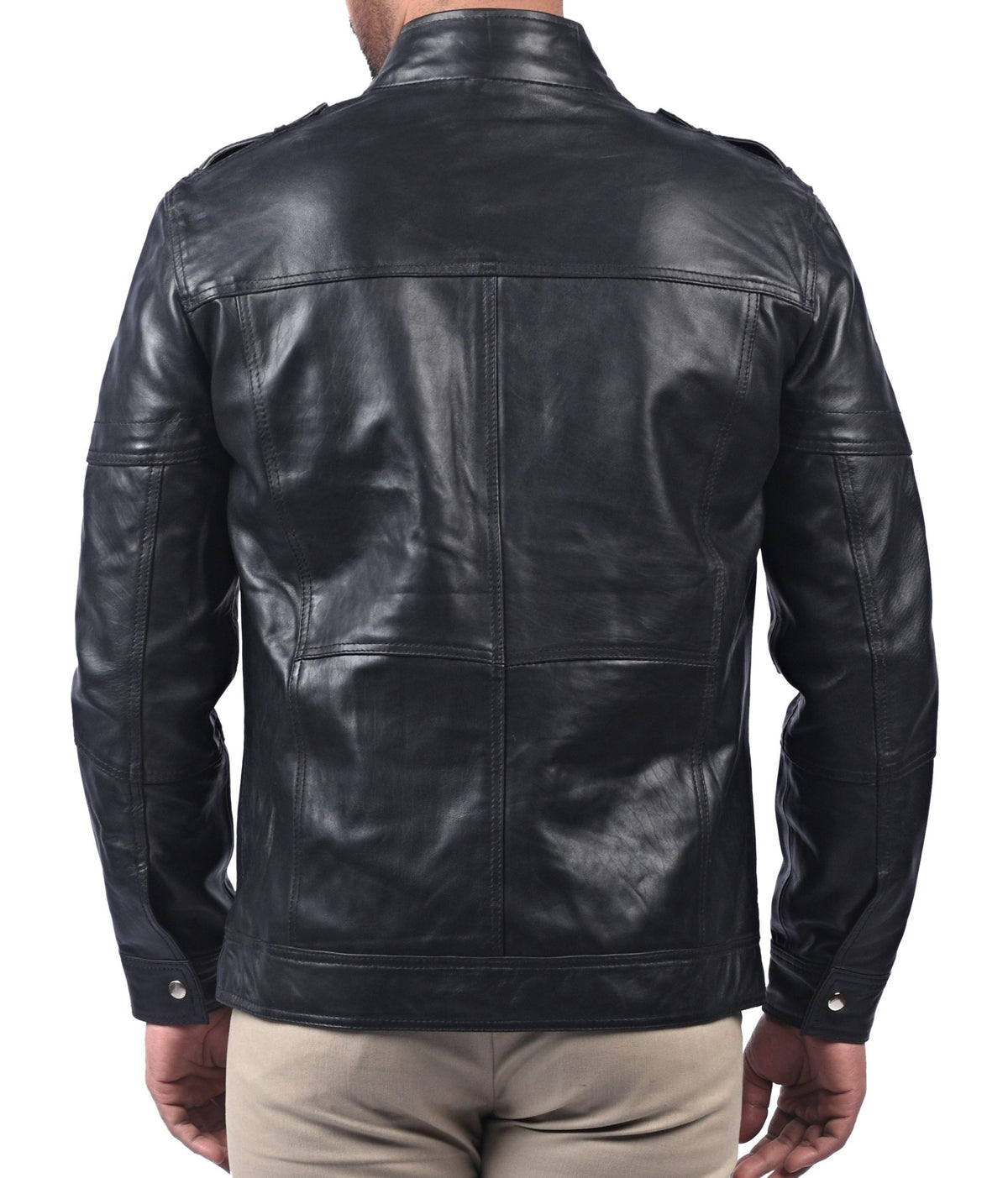 Men's black sheepskin jacket with round collar, photo 2