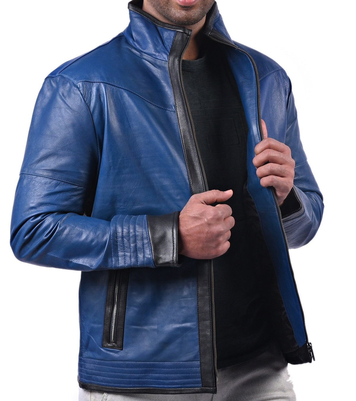 Men's blue sheepskin biker jacket with black contrast, photo 7