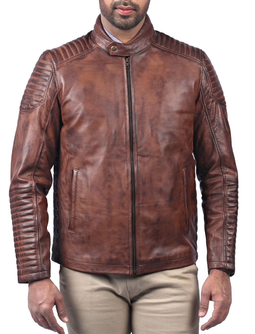 Men's classic tan waxed sheepskin leather jacket, photo 6