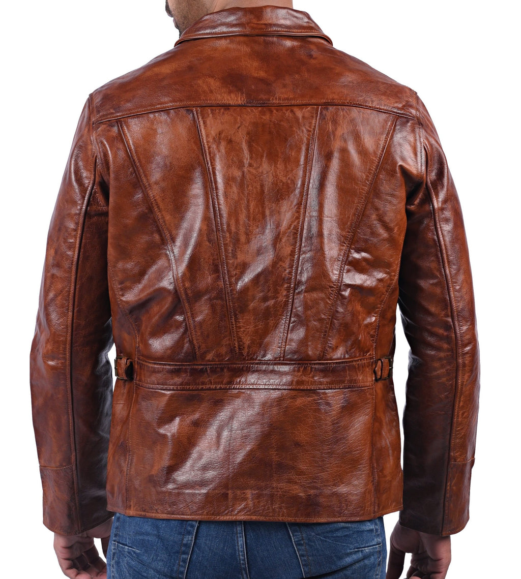 Men's classic tan waxed cowhide leather jacket, photo 2