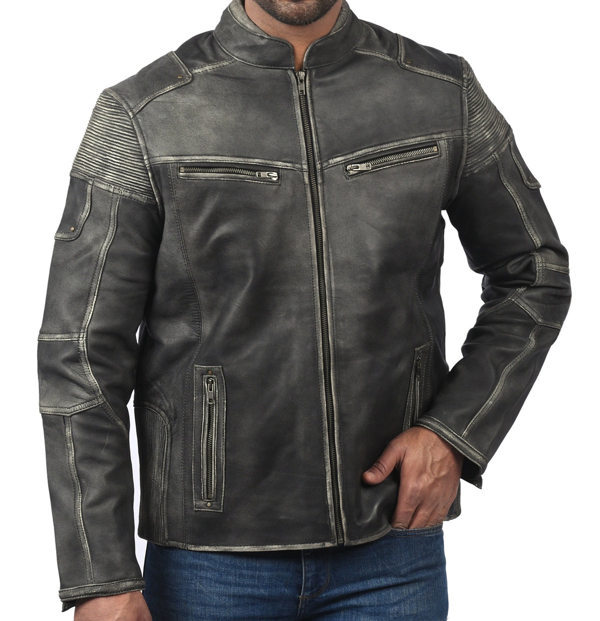 Men's distressed gray sheepskin cafe racer jacket, photo 4