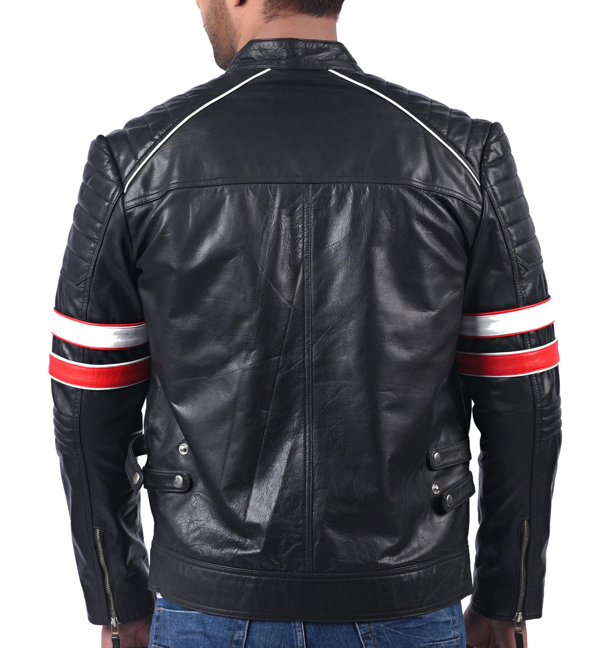 Men's black sheepskin biker jacket with red and white stripes, photo 6