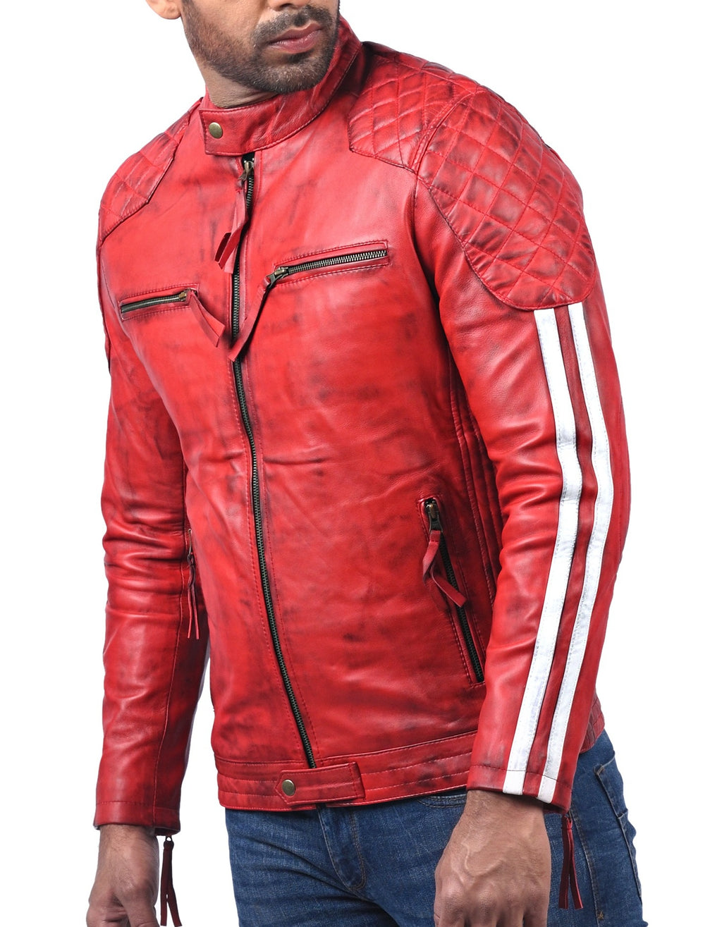 Plymouth red sheepskin biker jacket with white stripes, photo 7