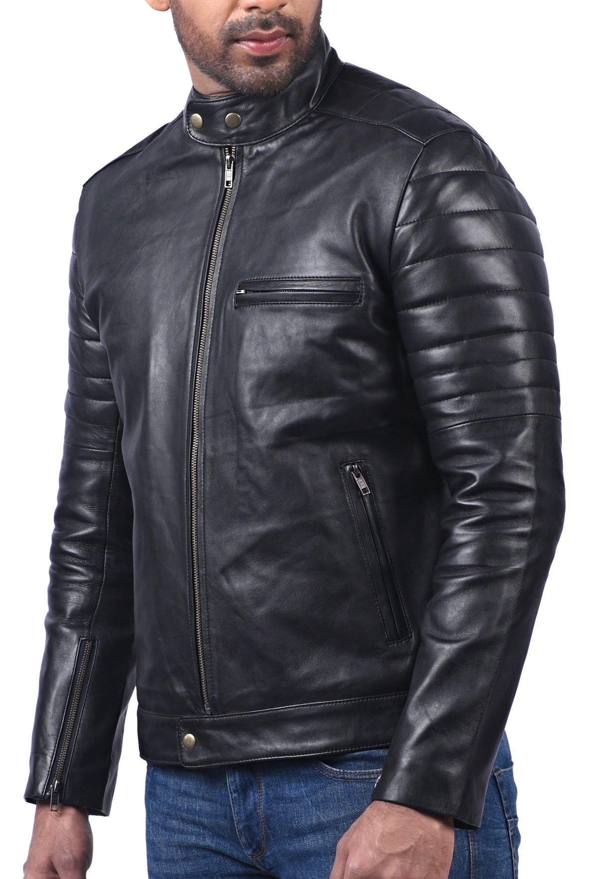 Black sheepskin jacket with 3D samurai back print, photo 2