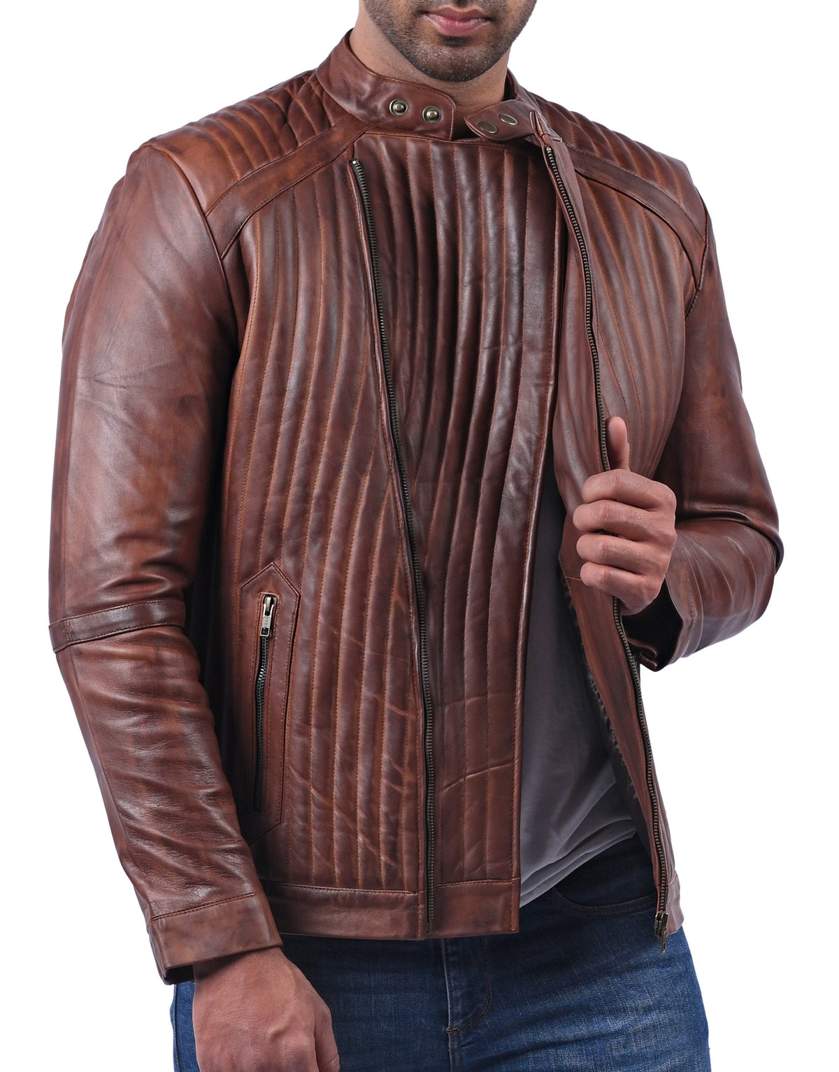 York tan waxed sheepskin biker jacket, photo 3