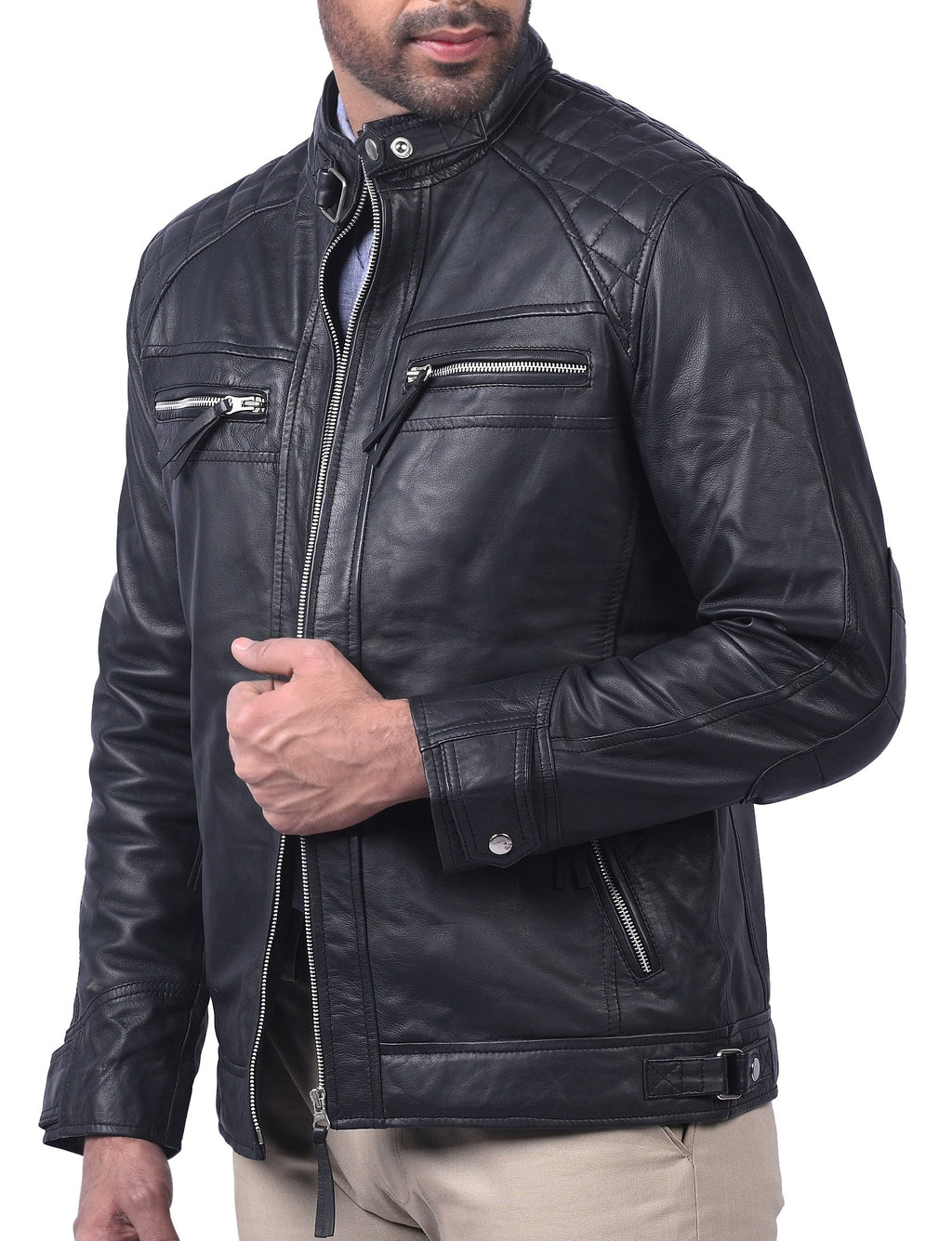 Men's black sheepskin cafe racer biker jacket, photo 6
