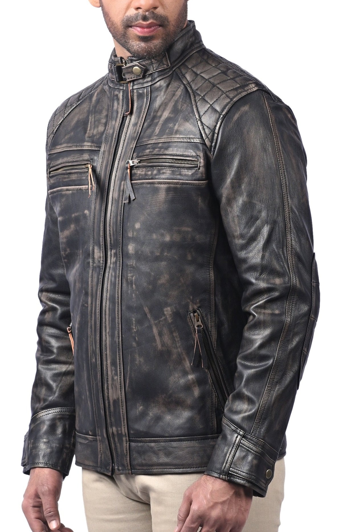 Men's black distressed cowhide cafe racer jacket, photo 7