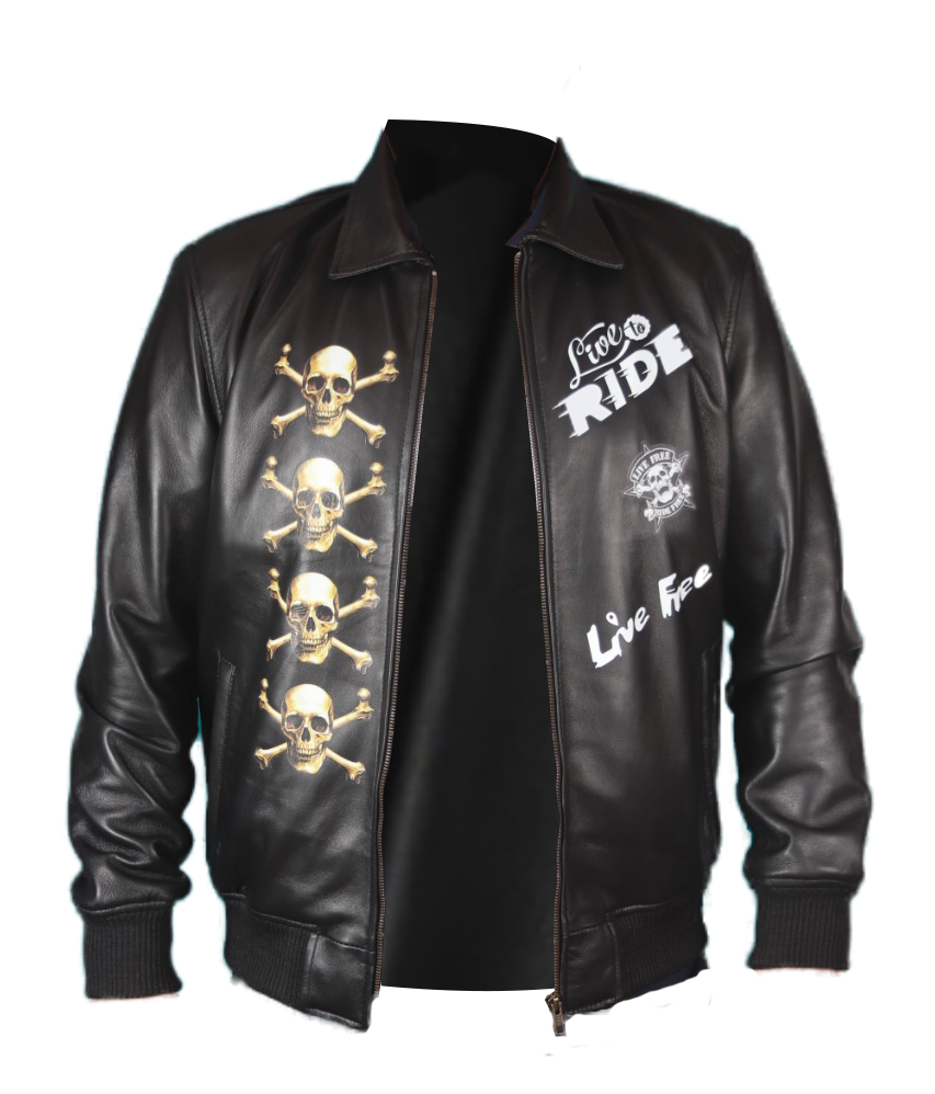 Skull Ride print black sheepskin biker jacket, photo 2