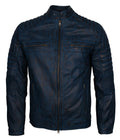 Men's blue distressed sheepskin cafe racer biker jacket