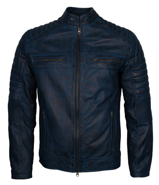 Men's blue distressed sheepskin cafe racer biker jacket
