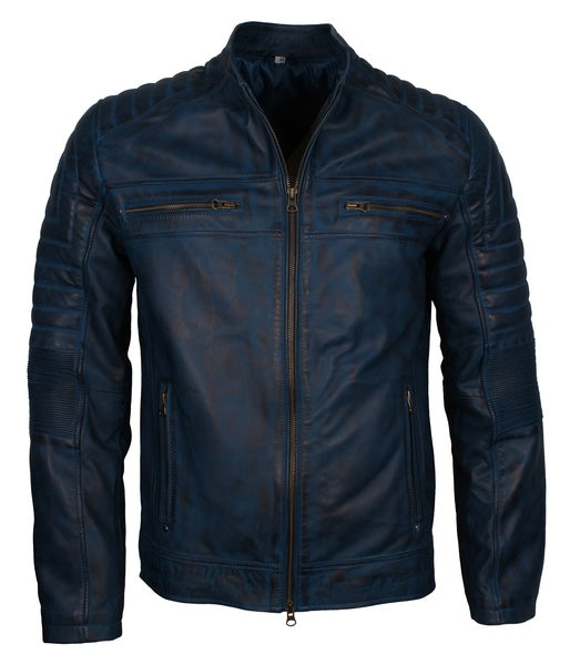 Men's blue distressed sheepskin cafe racer jacket, photo 2