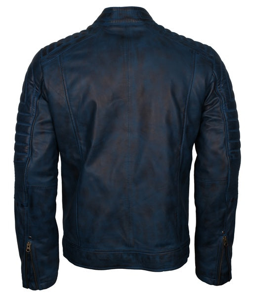 Men's blue distressed sheepskin cafe racer jacket, photo 3