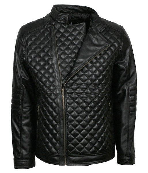 Men's black quilted genuine sheepskin leather jacket