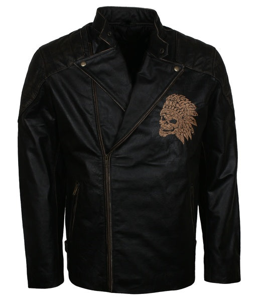 Men's black skull leather motorcycle jacket, photo 2