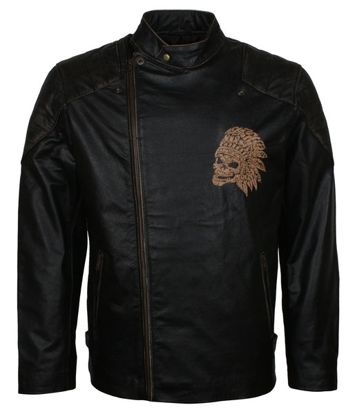 Men's black skull leather motorcycle jacket, photo 3
