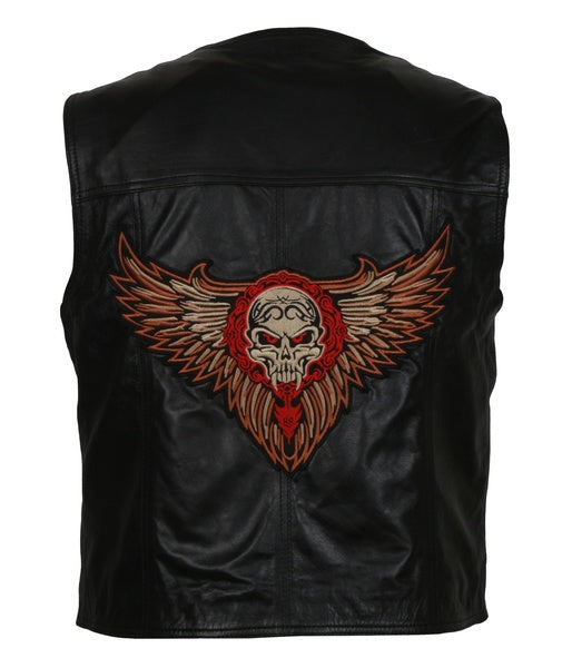 Men's black genuine leather skull motorcycle vest