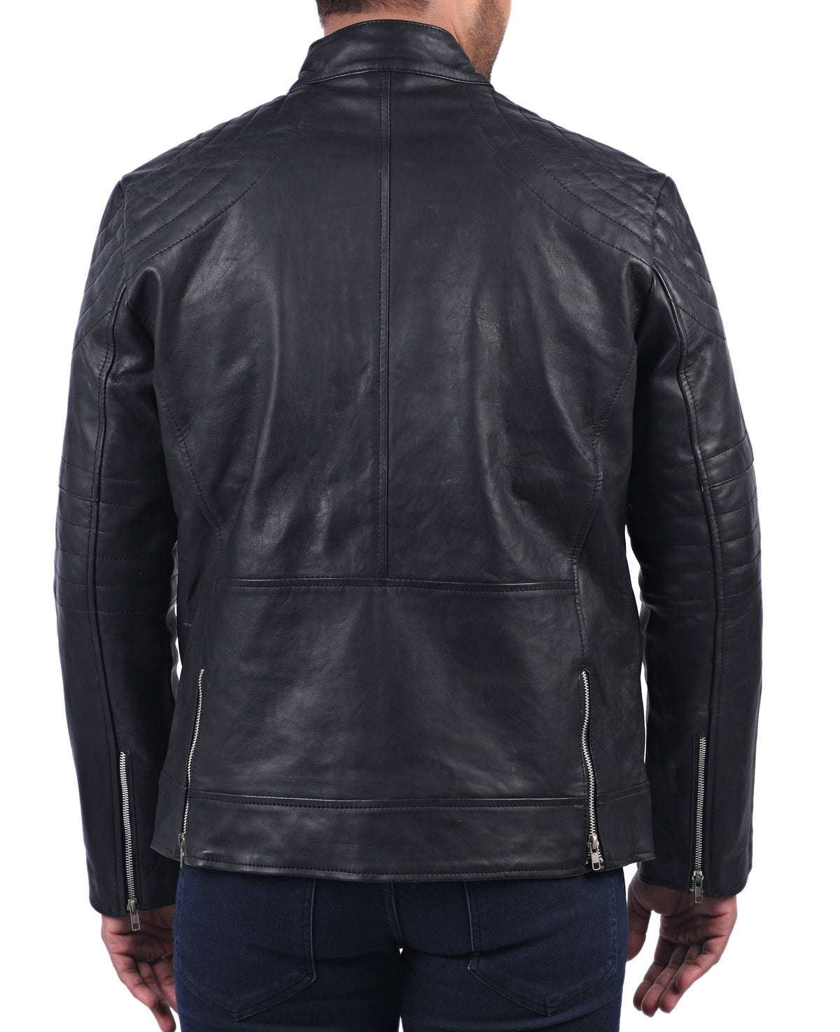 Men's black double breasted sheepskin biker jacket, photo 7