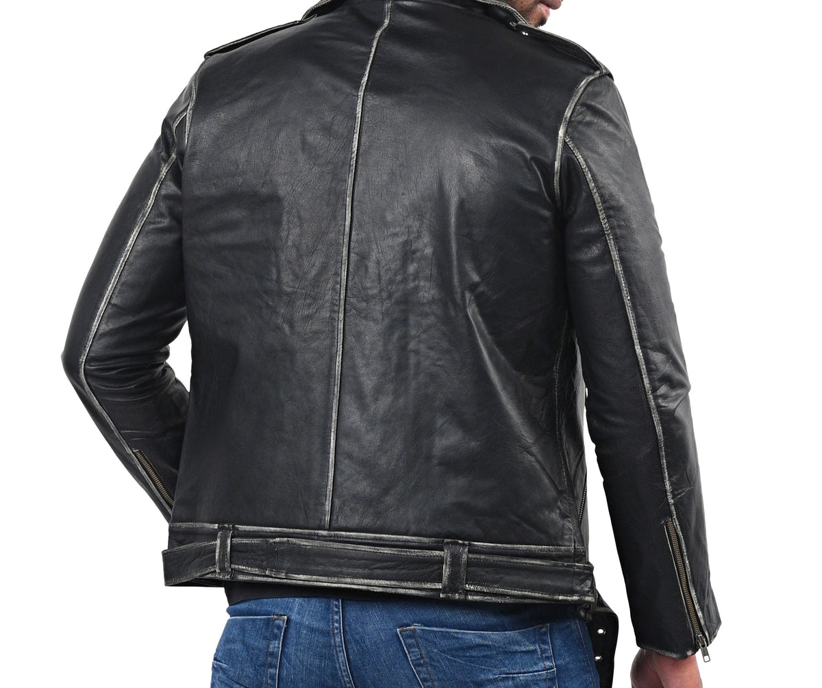 Men's distressed black full grain cowhide biker jacket, photo 2