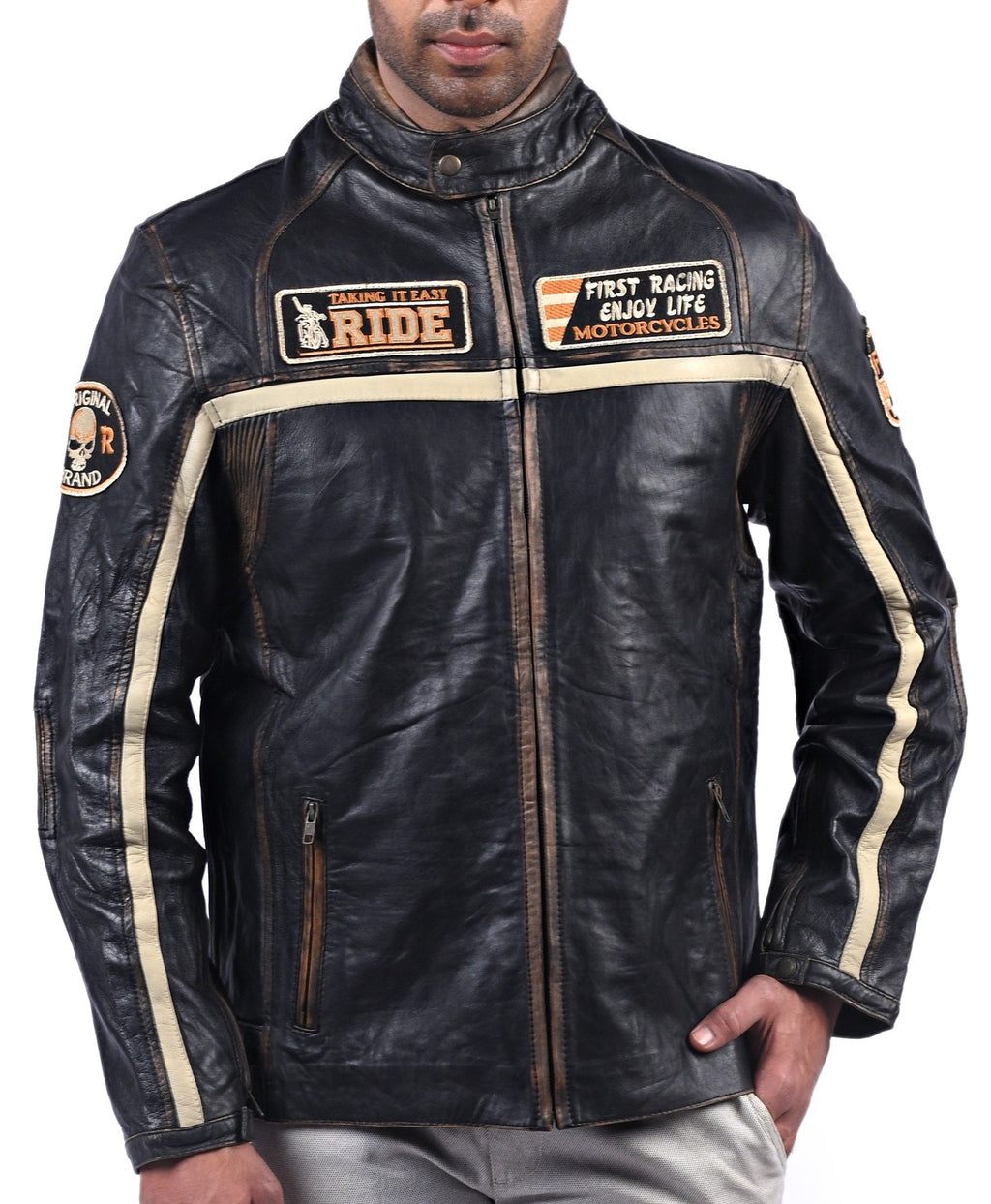 Men's black sheepskin jacket with beige stripes, photo 3