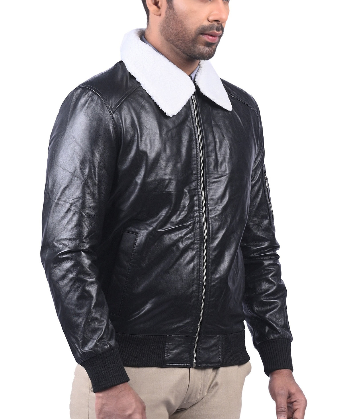 Men's black sheepskin bomber jacket with faux fur collar, photo 6