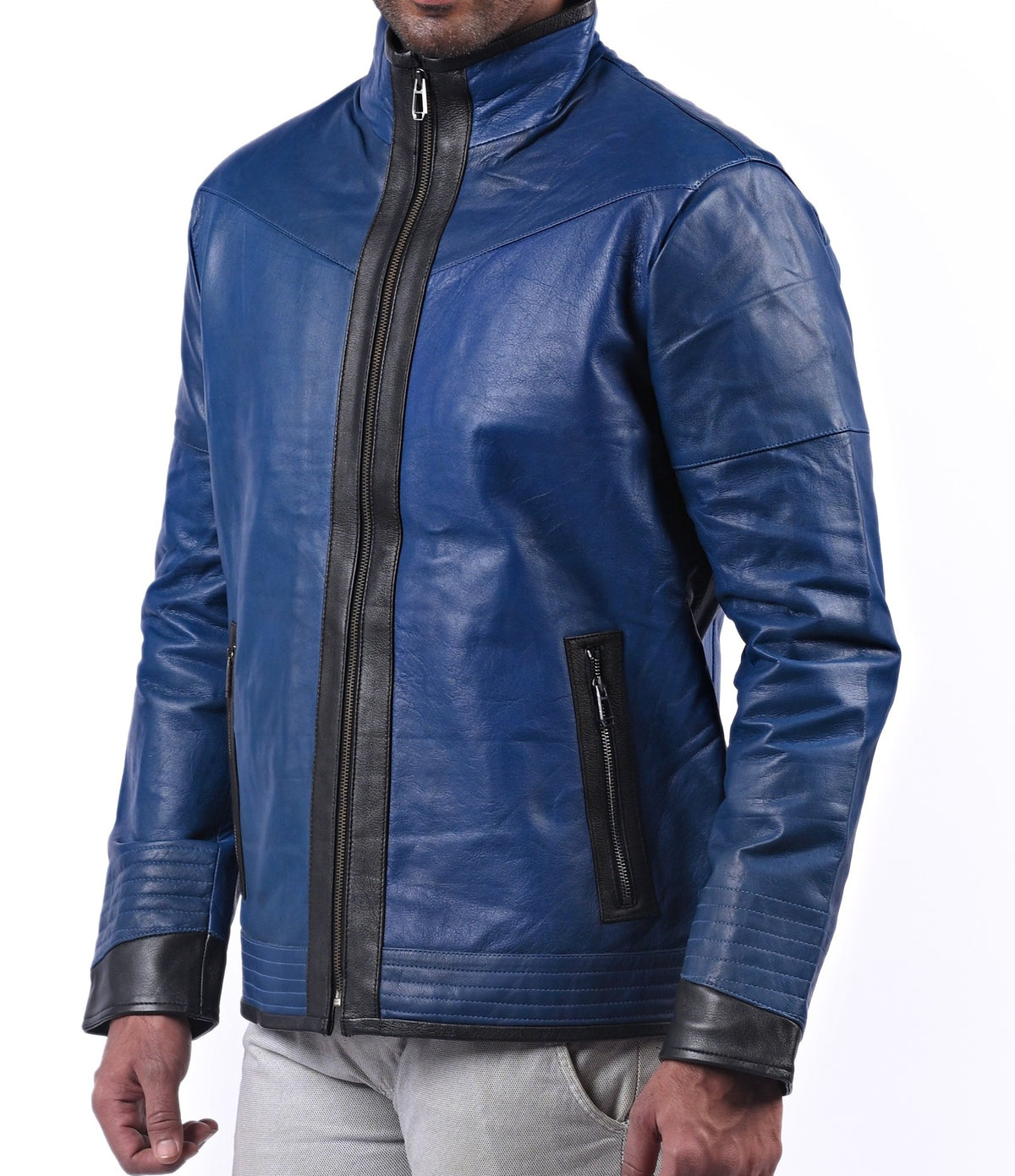Men's blue sheepskin biker jacket with black contrast, photo 2