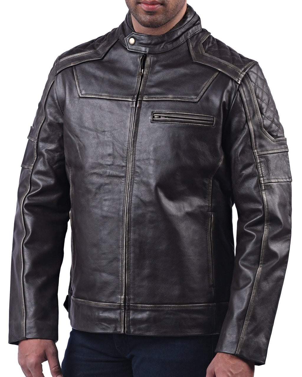 Men's black distressed cowhide jacket with snap collar, photo 7