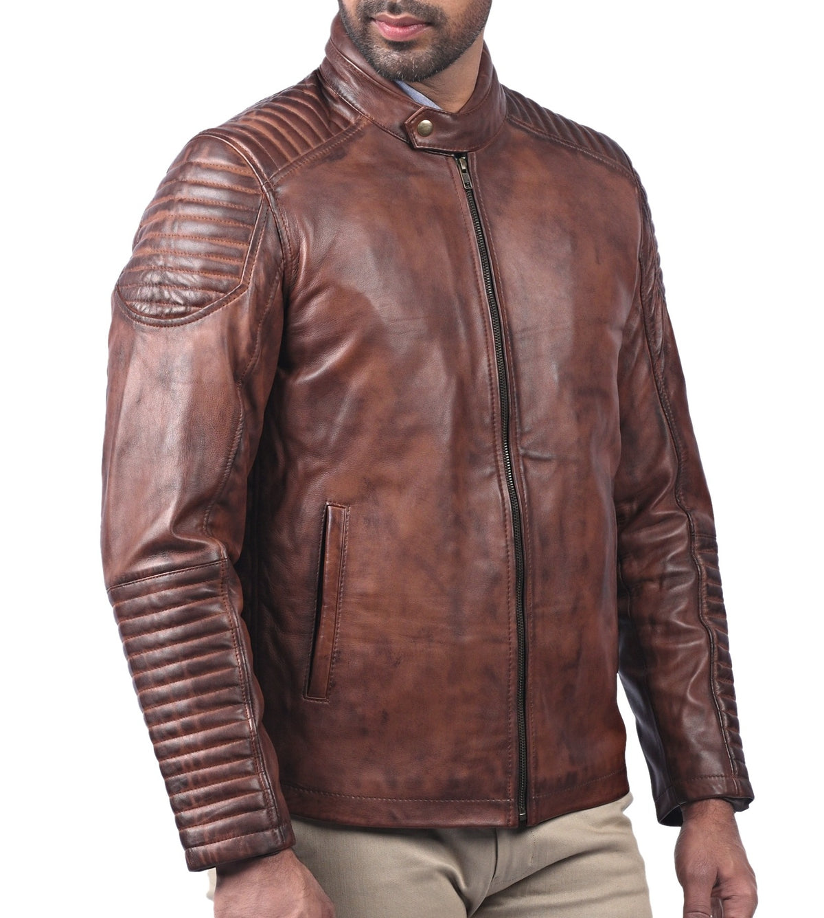 Men's classic tan waxed sheepskin leather jacket, photo 2