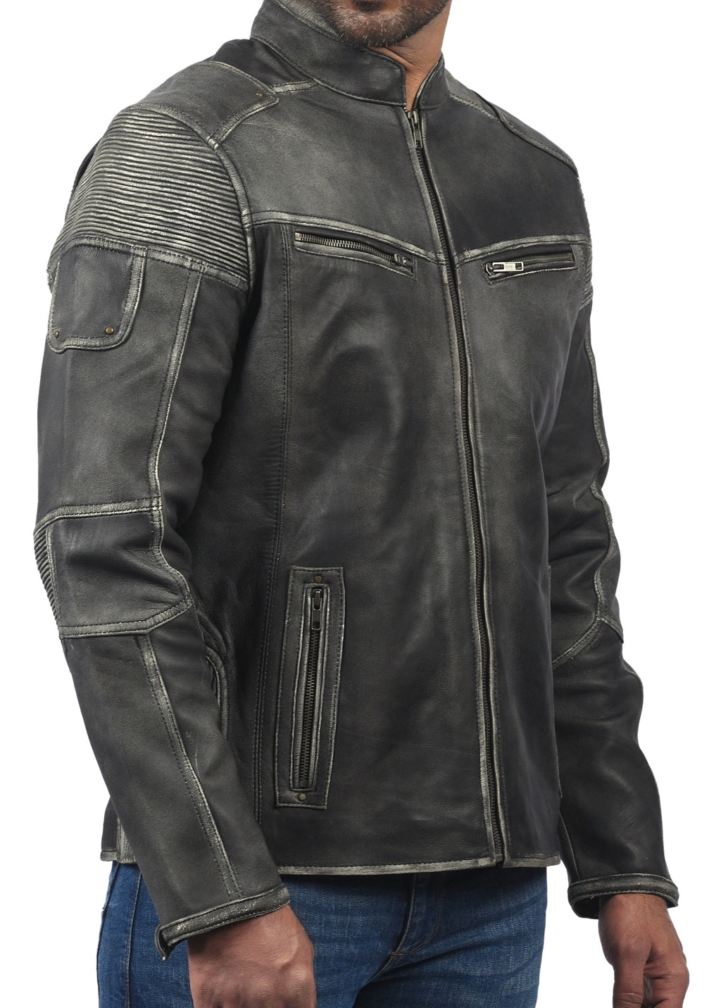 Men's distressed gray sheepskin cafe racer jacket, photo 5