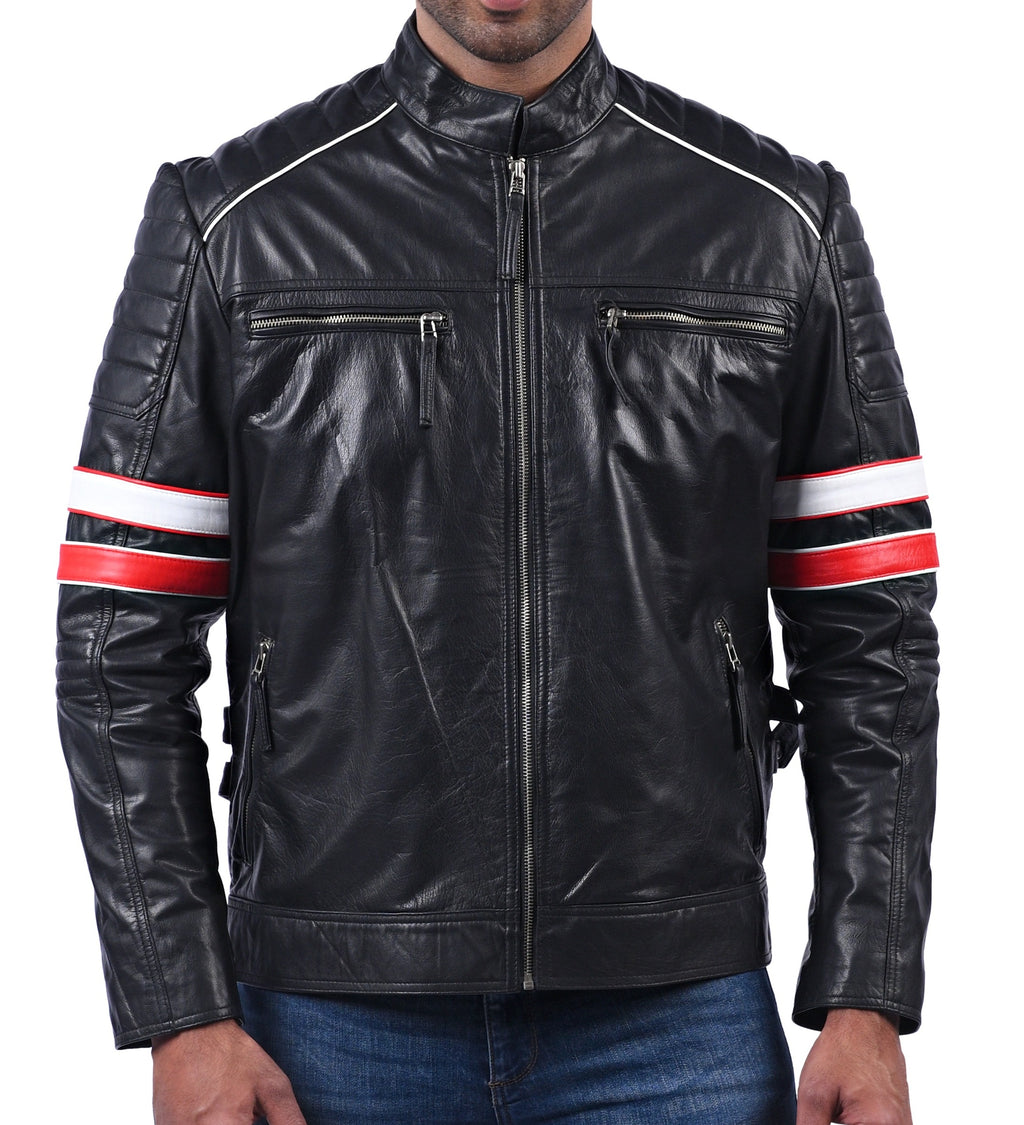 Men's black sheepskin biker jacket with red and white stripes, photo 2
