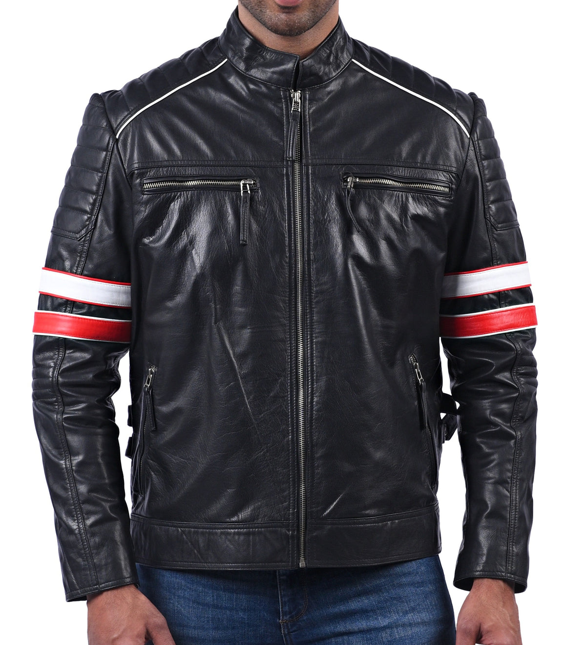 Men's black sheepskin biker jacket with red and white stripes, photo 2
