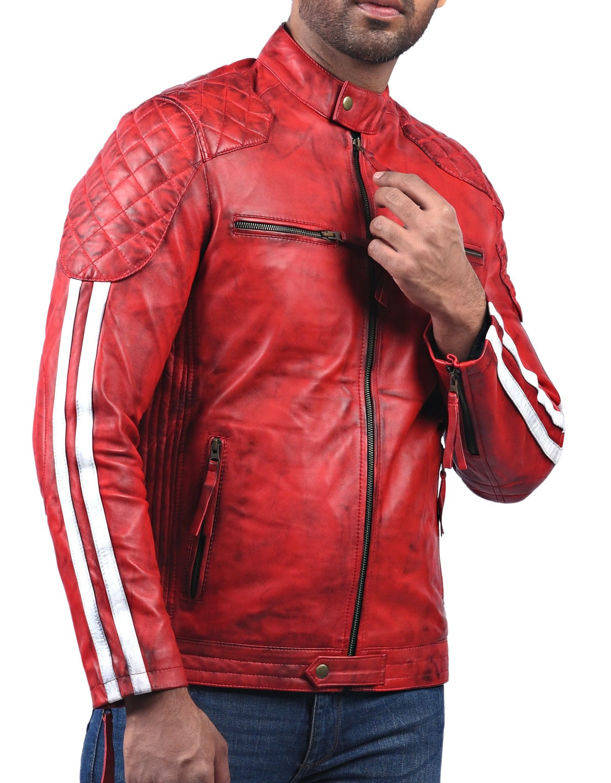 Plymouth red sheepskin biker jacket with white stripes, photo 2