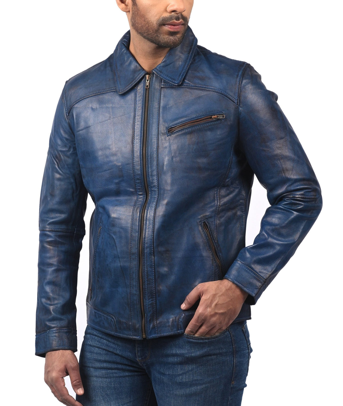 Men's blue waxed sheepskin vintage racer jacket, photo 6