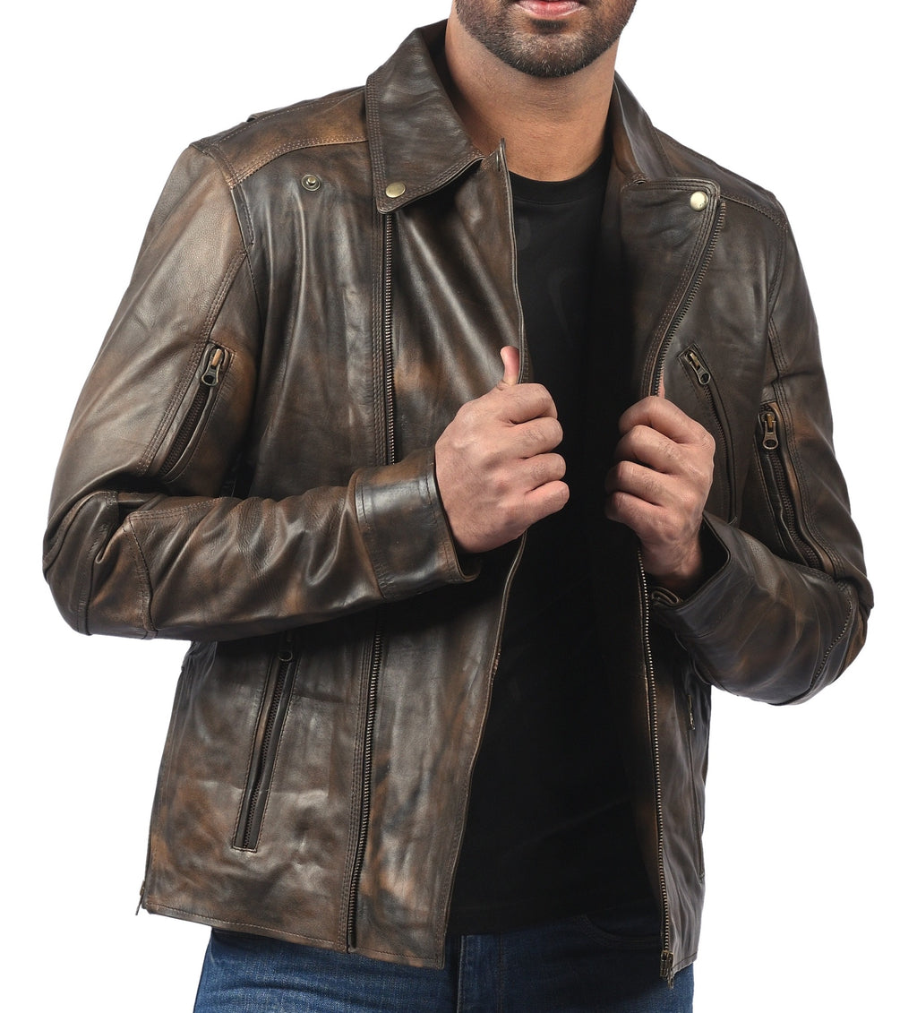 Triple stitch double breasted biker jacket, distressed brown, photo 7
