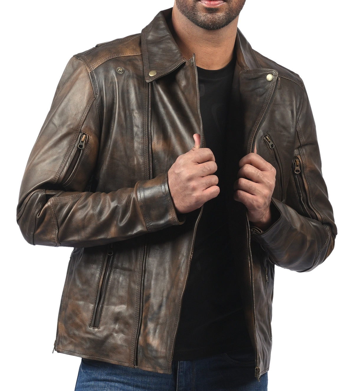 Triple stitch double breasted biker jacket, distressed brown, photo 7