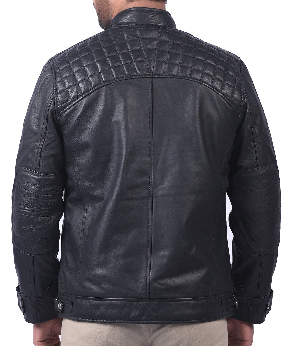 Men's black sheepskin cafe racer biker jacket, photo 2