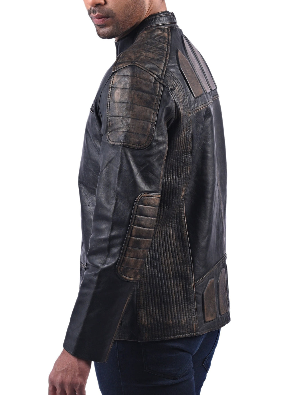 Men's black rub-off cowhide biker jacket, photo 3