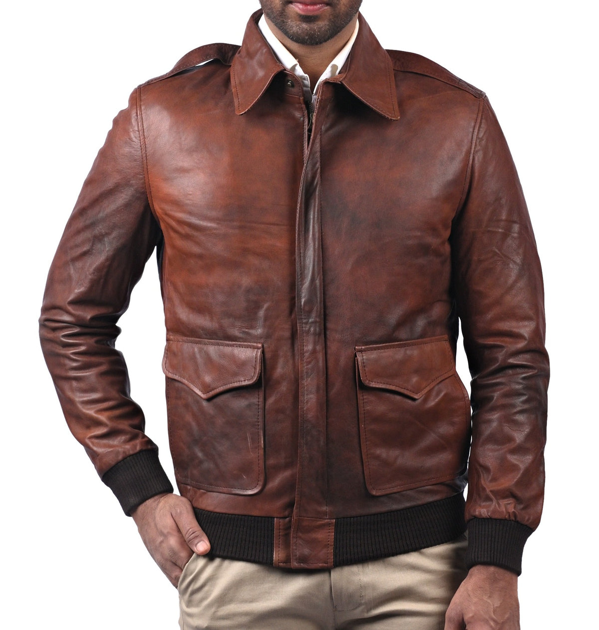 A2 pilot bomber jacket in antique brown cowhide, photo 2