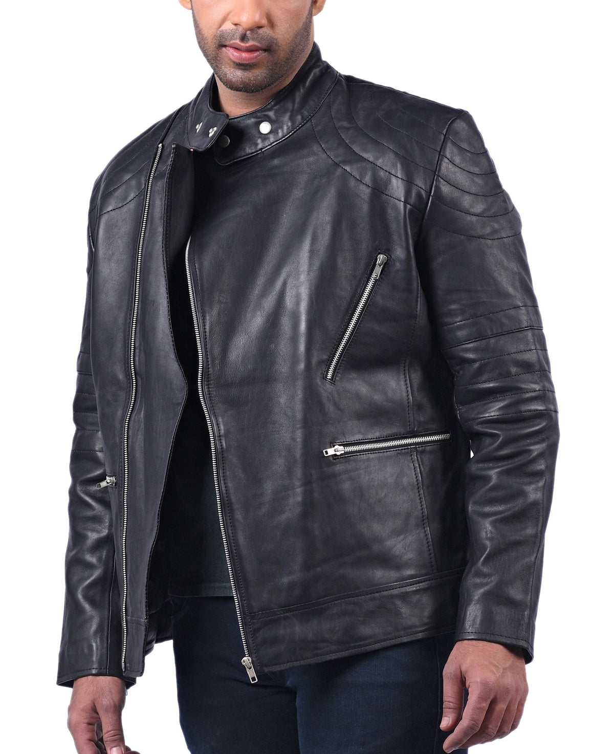 Men's black double breasted sheepskin biker jacket, photo 2