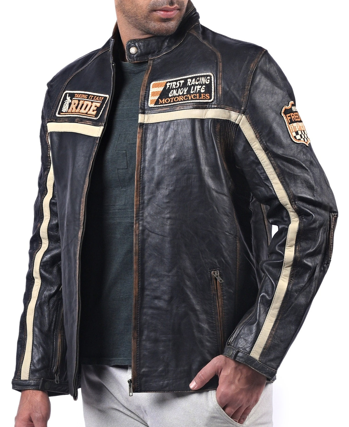 Men's black sheepskin jacket with beige stripes, photo 4