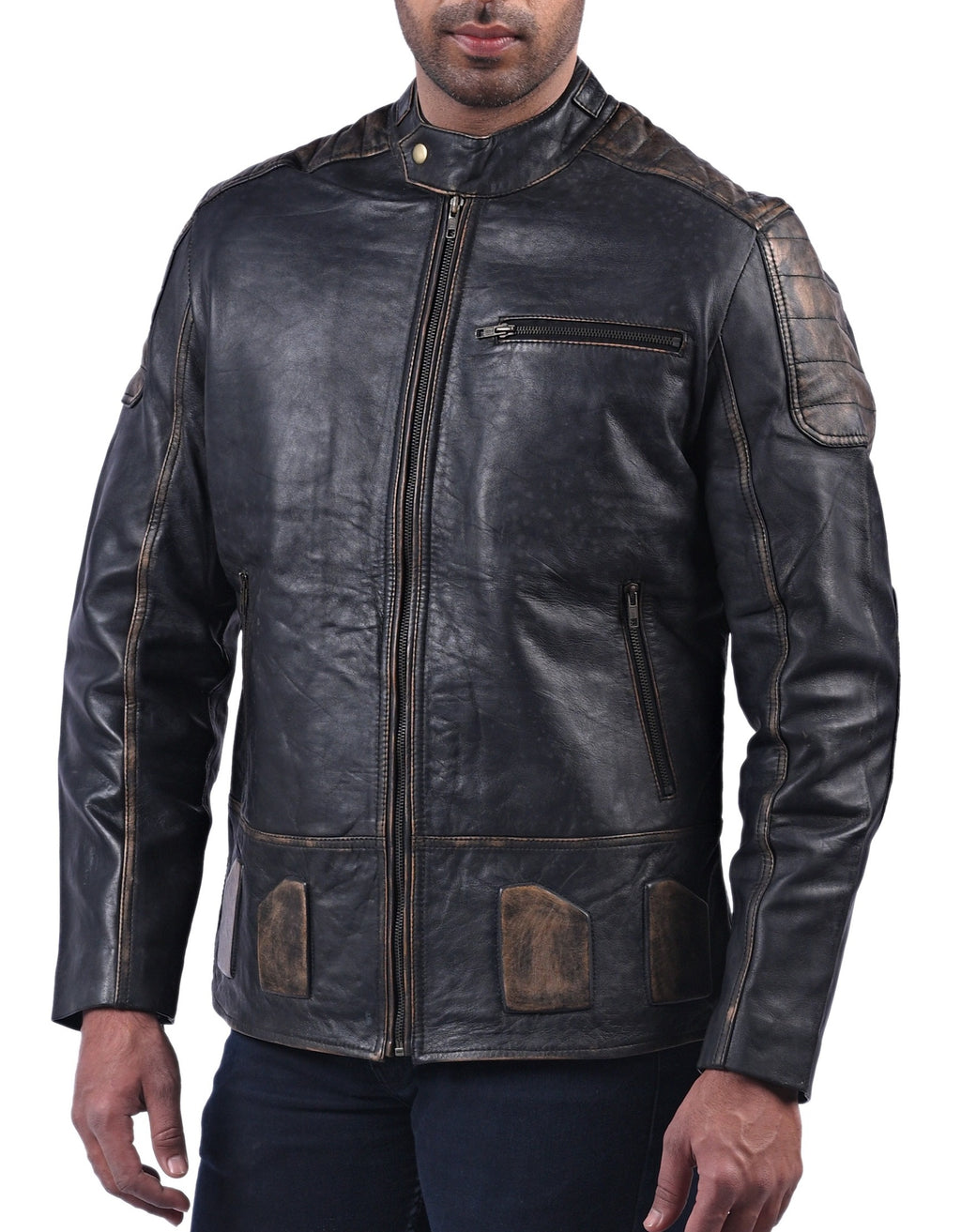 Men's black distressed genuine cowhide biker jacket, photo 2