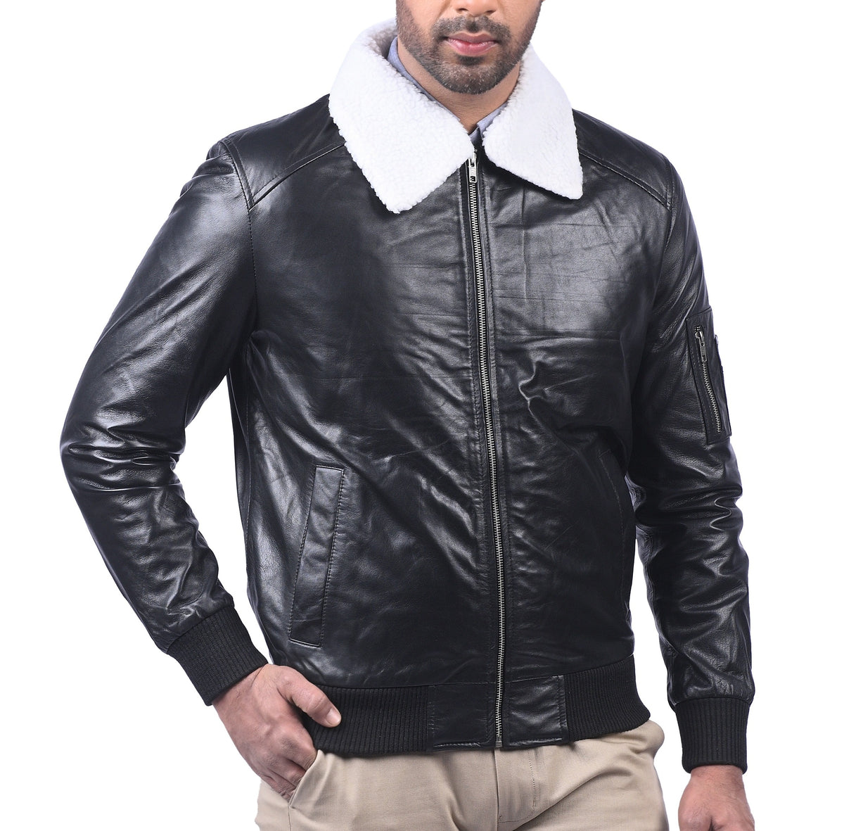 Men's black sheepskin bomber jacket with faux fur collar, photo 7