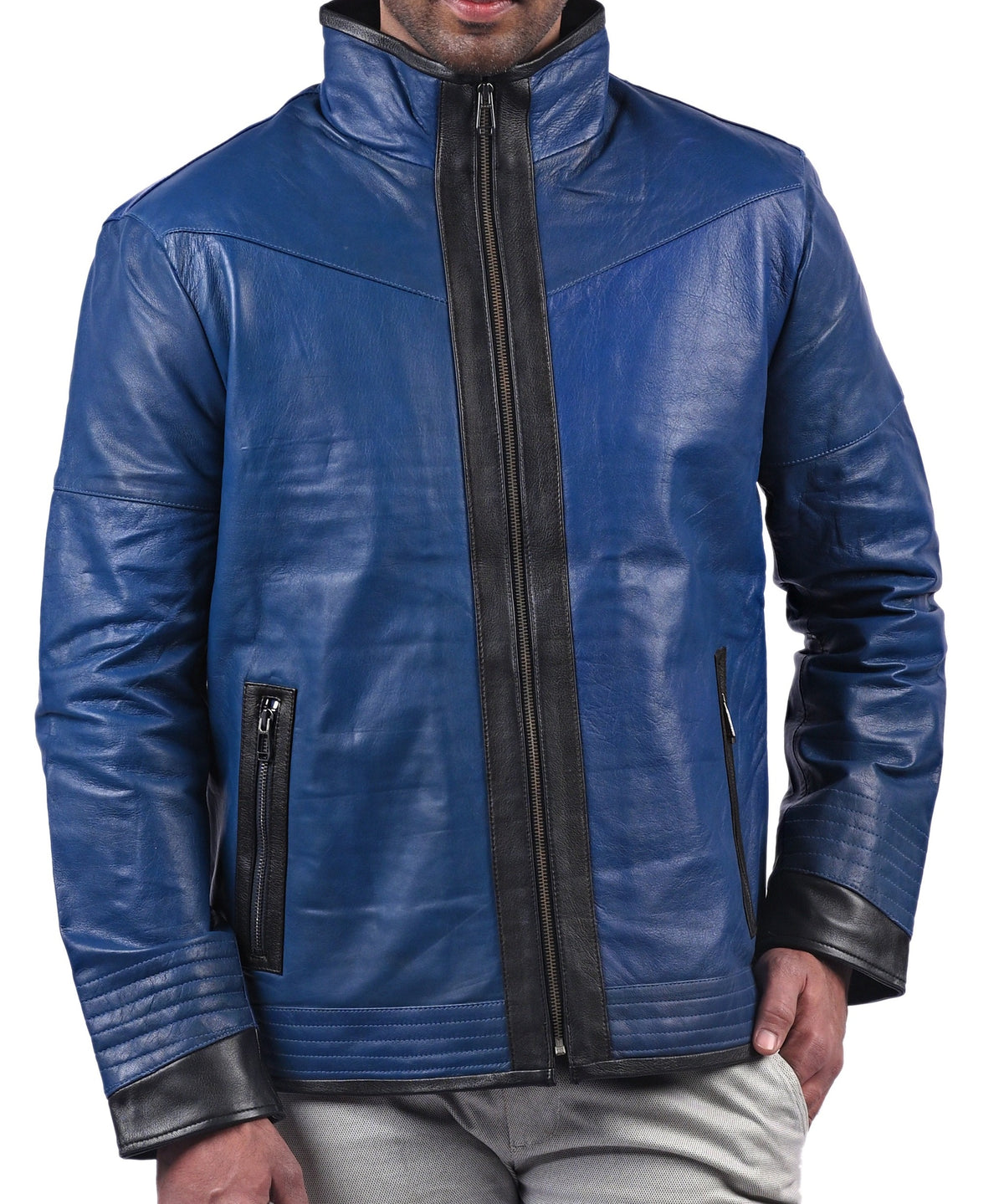 Men's blue sheepskin biker jacket with black contrast, photo 3