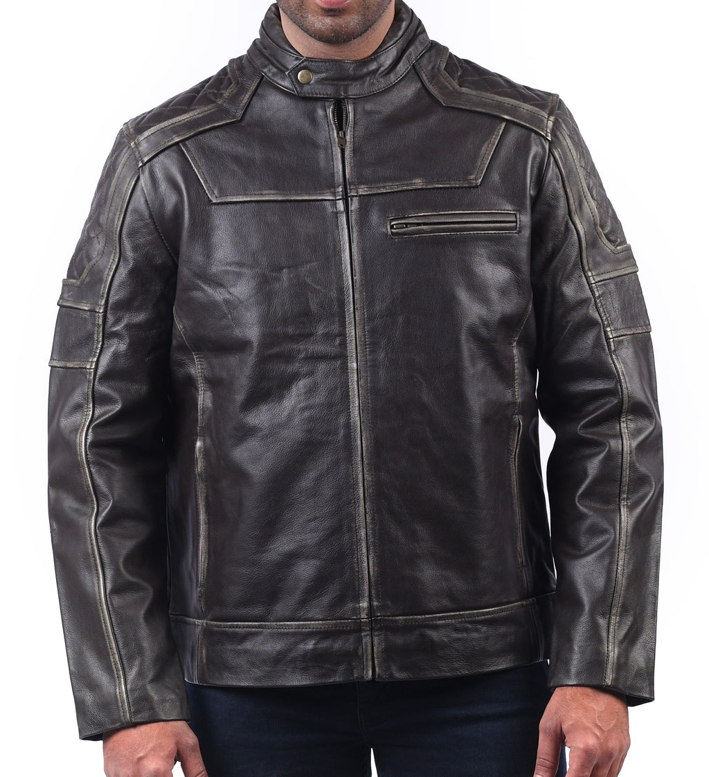 Men's black distressed cowhide jacket with snap collar, photo 8
