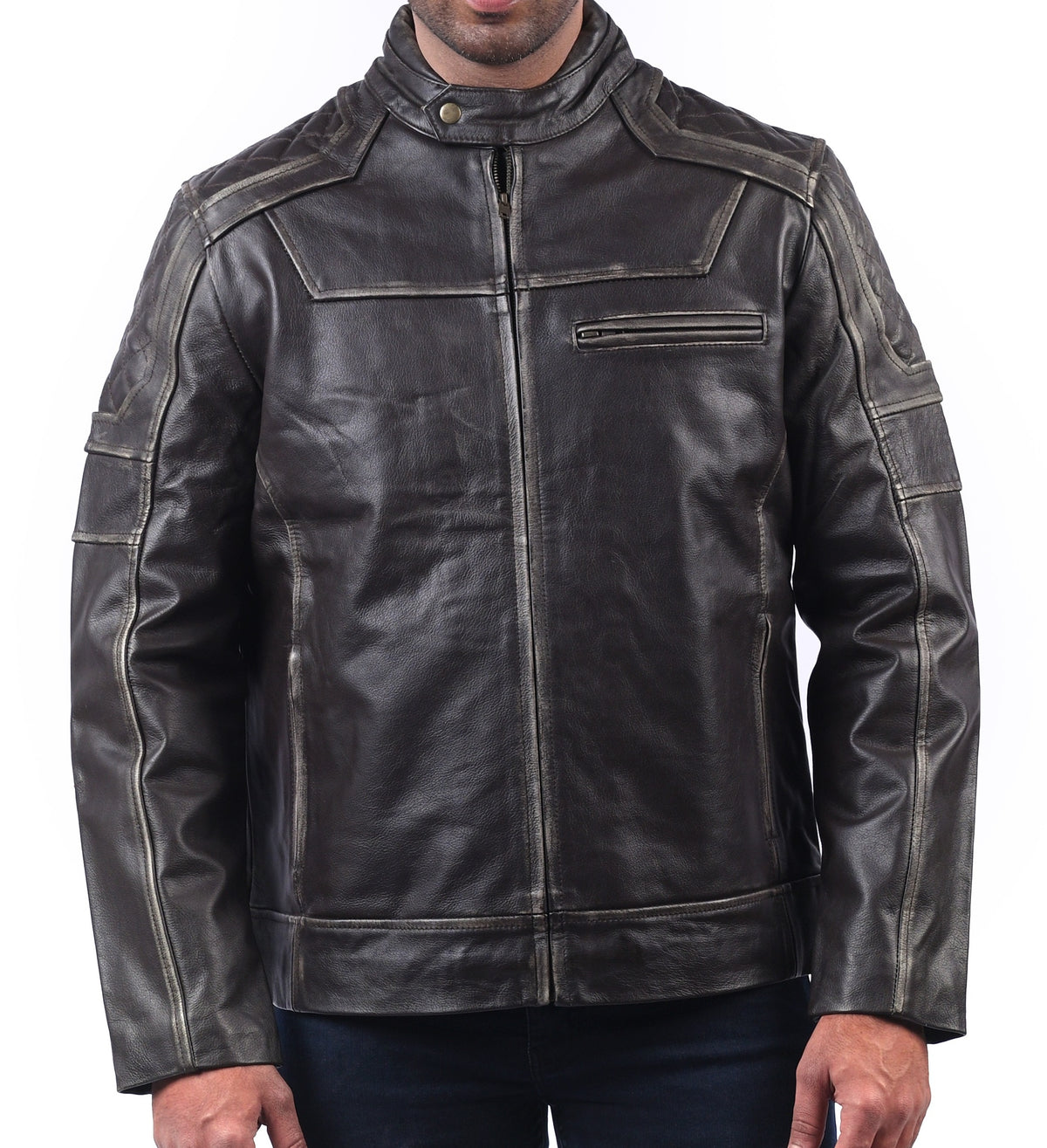 Men's black distressed cowhide jacket with snap collar, photo 8