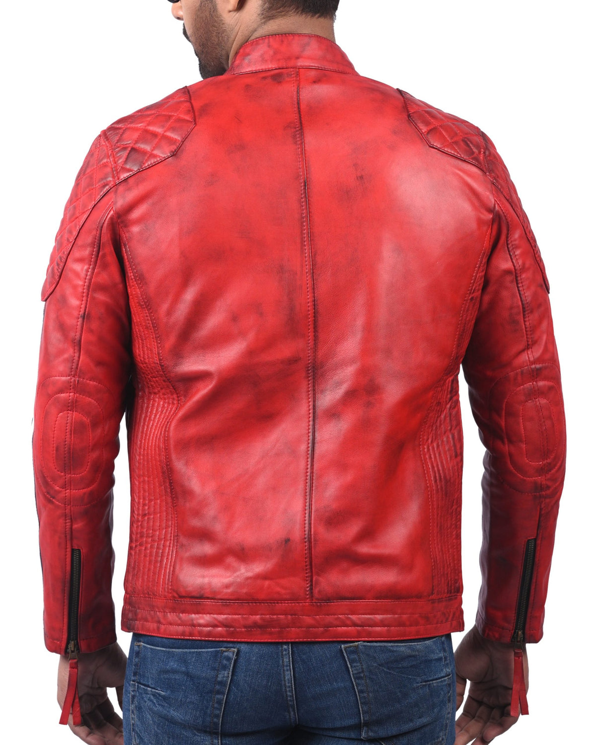 Plymouth red sheepskin biker jacket with white stripes, photo 3