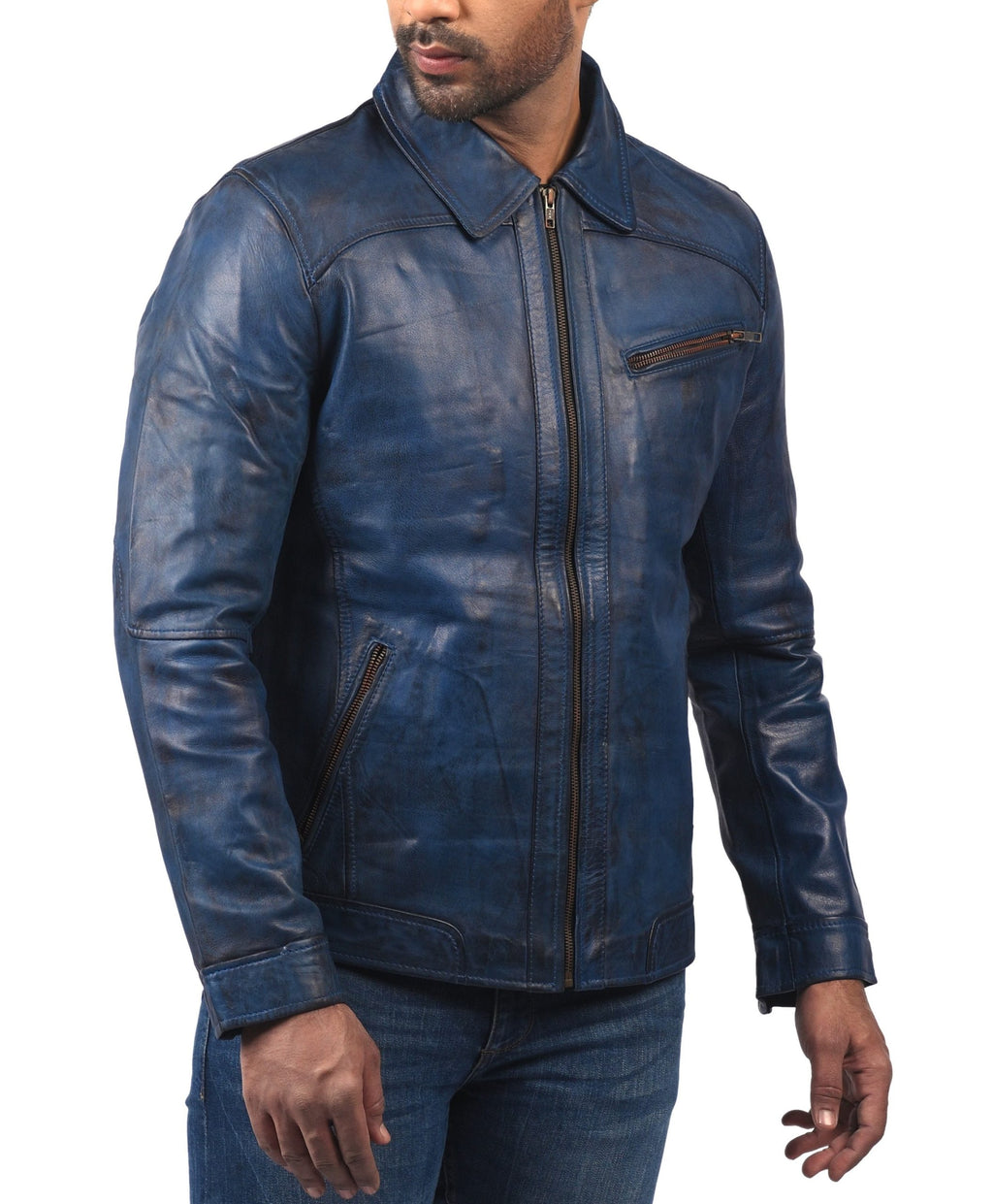Men's blue waxed sheepskin vintage racer jacket, photo 7