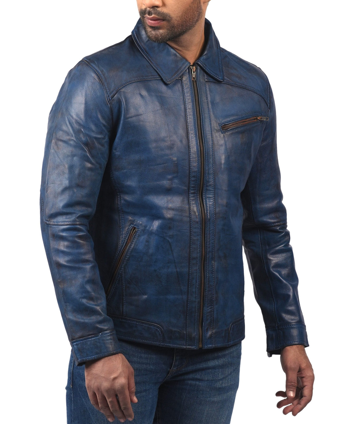 Men's blue waxed sheepskin vintage racer jacket, photo 7