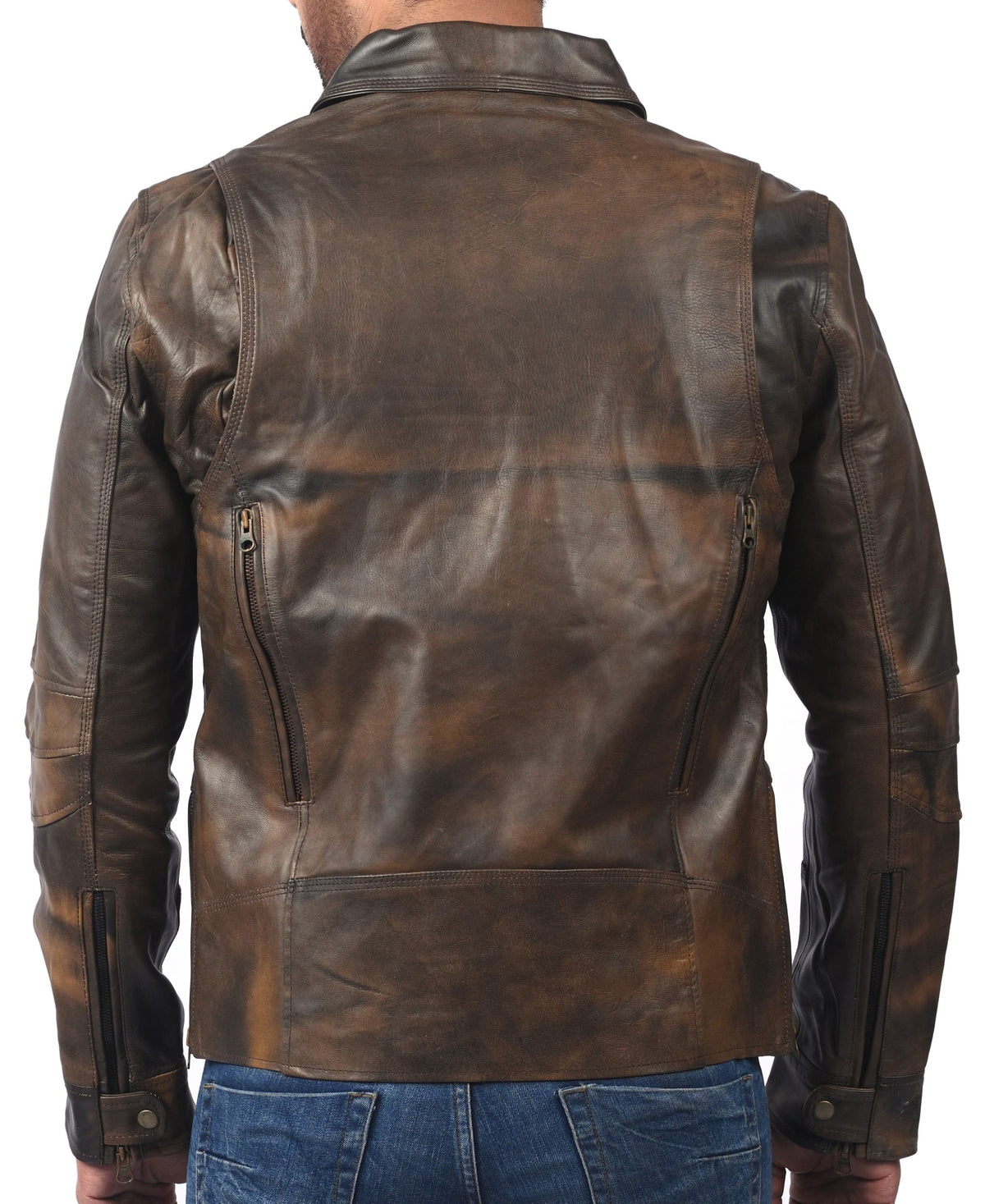 Triple stitch double breasted biker jacket, distressed brown, photo 2