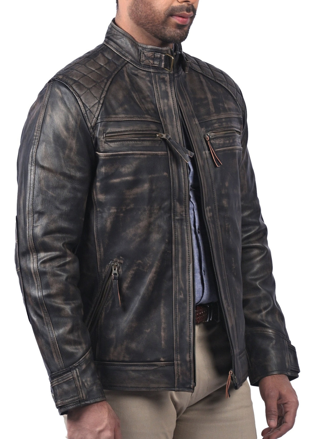Men's black distressed cowhide cafe racer jacket, photo 3